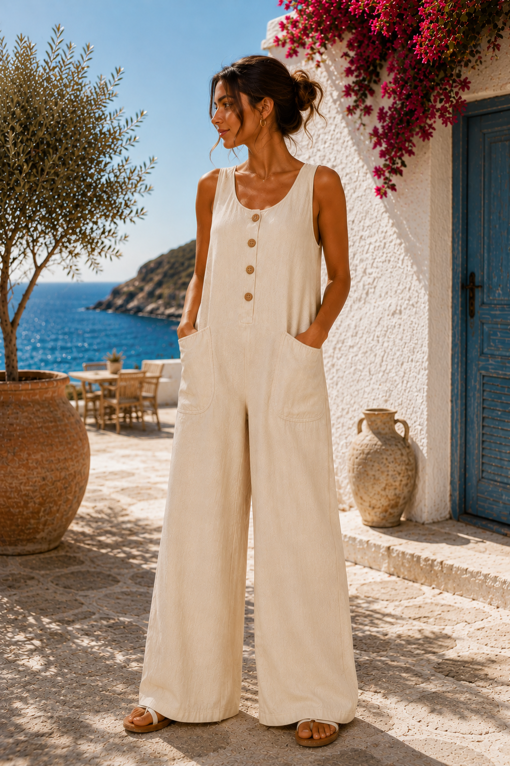 Women's Linen Cotton Wide-Leg Jumpsuit