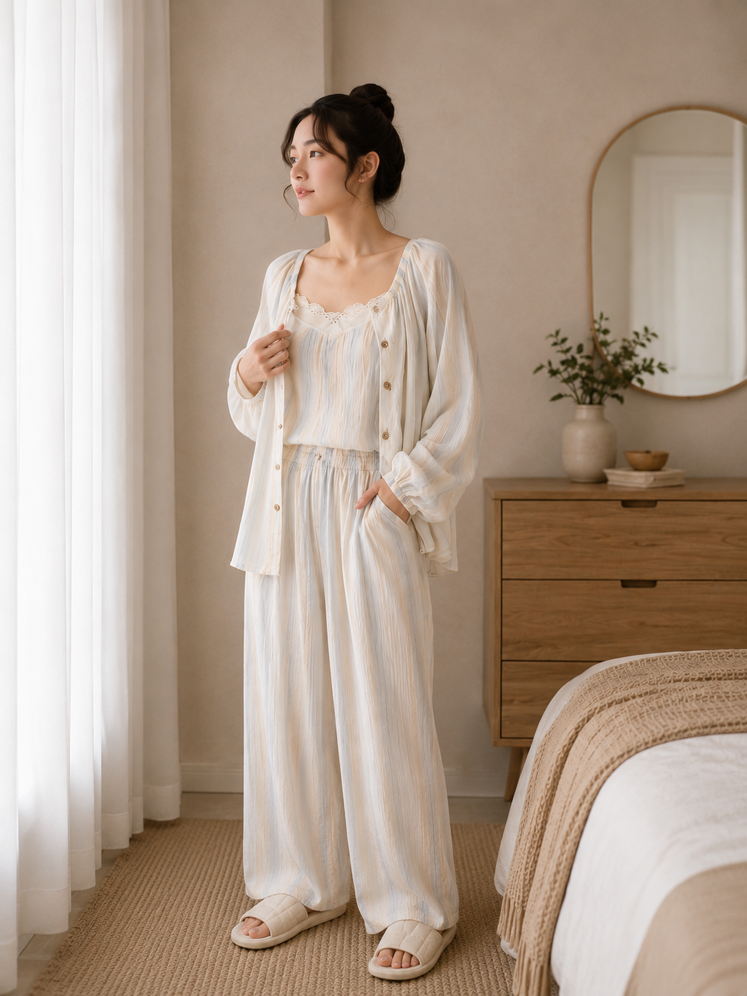 Women's Cotton Crepe Three-Piece Pajama Set