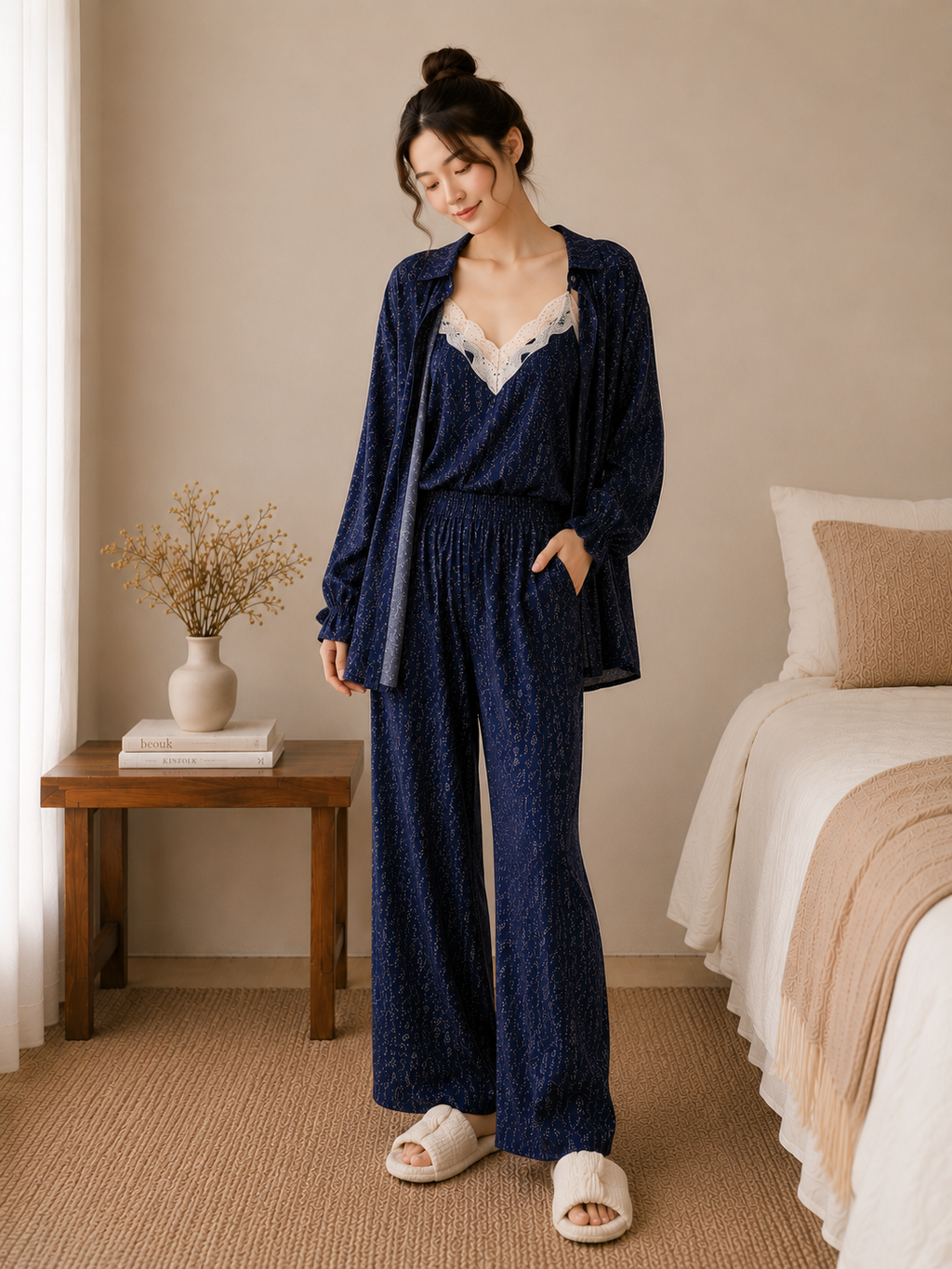 Women's Cotton Crepe Three-Piece Pajama Set