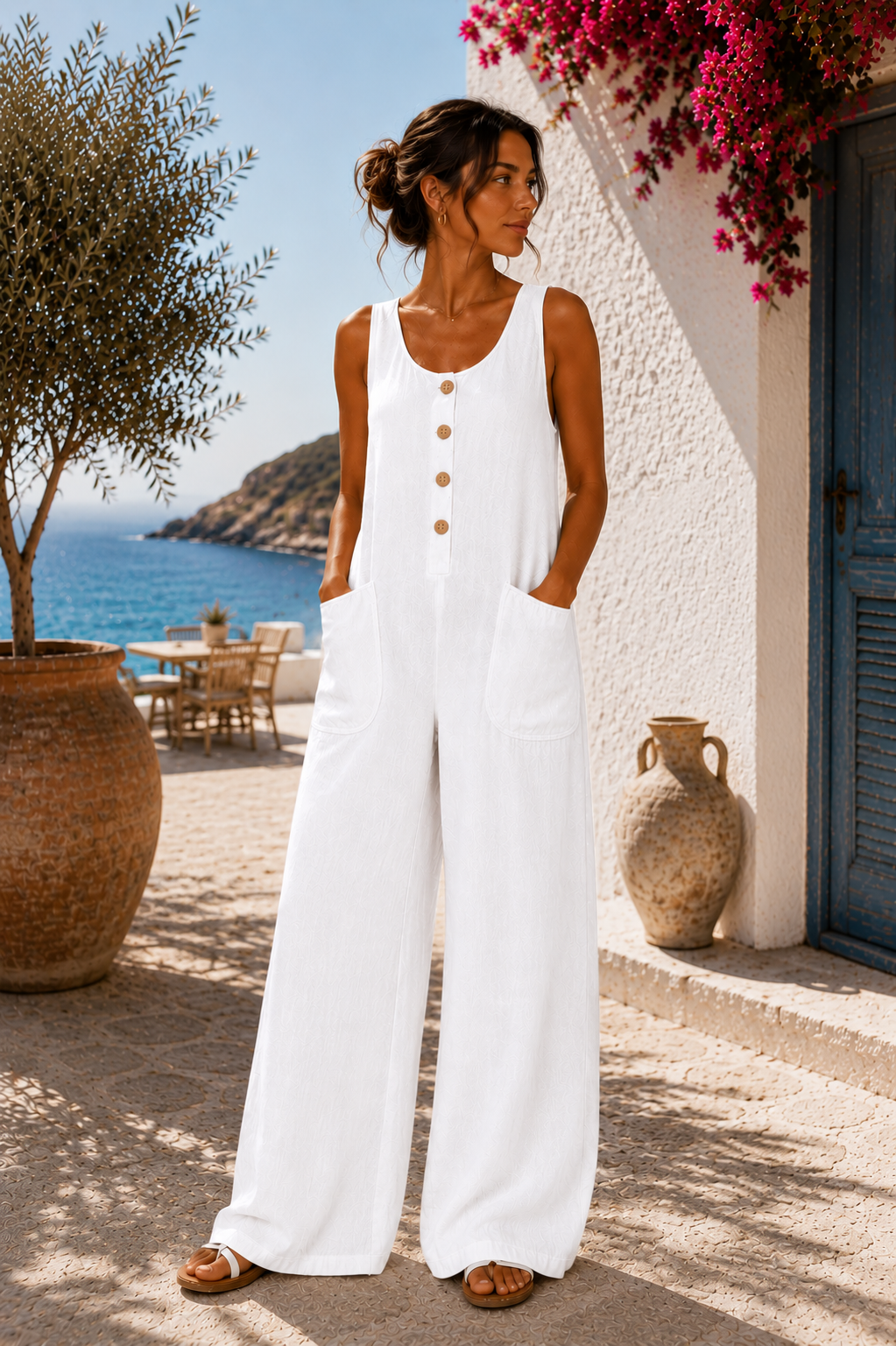Women's Linen Cotton Wide-Leg Jumpsuit