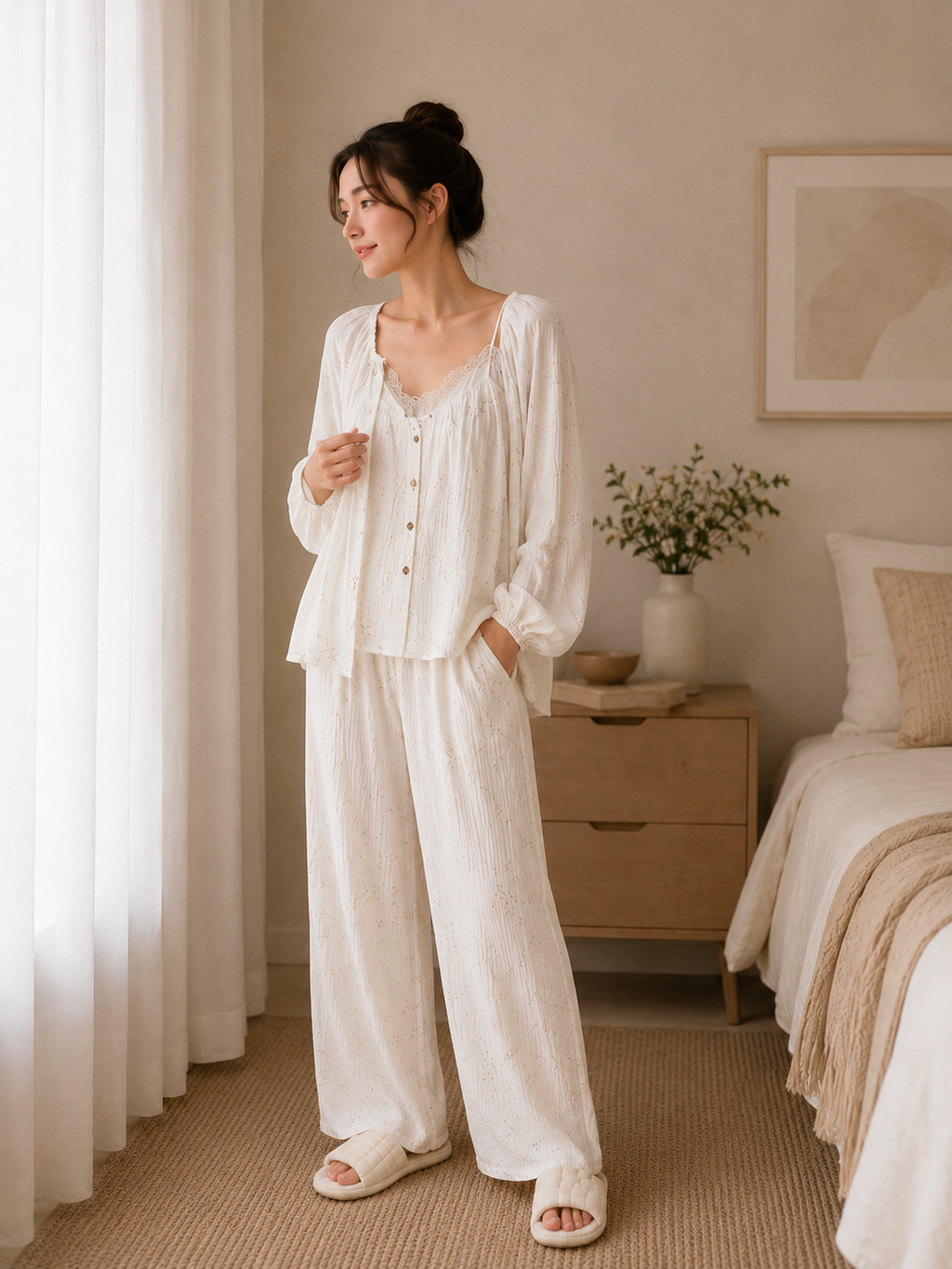 Women's Cotton Crepe Three-Piece Pajama Set