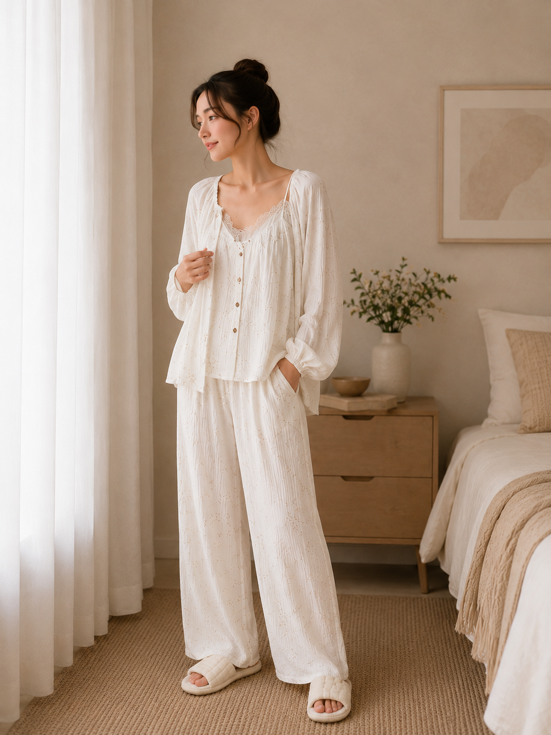 Women's Cotton Crepe Three-Piece Pajama Set