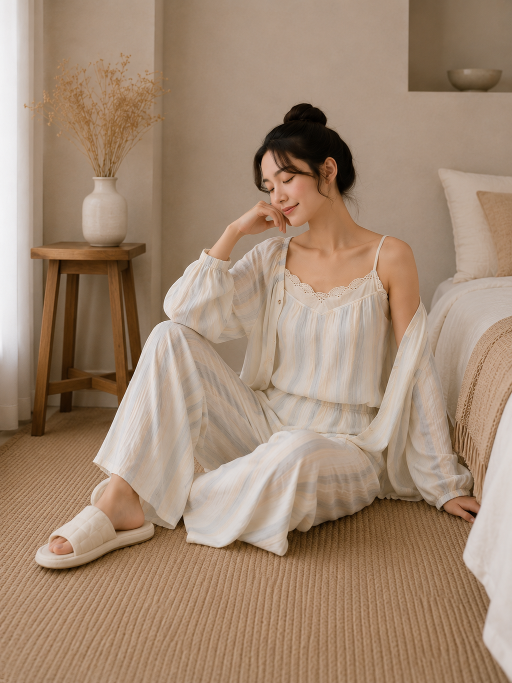 Women's Cotton Crepe Three-Piece Pajama Set