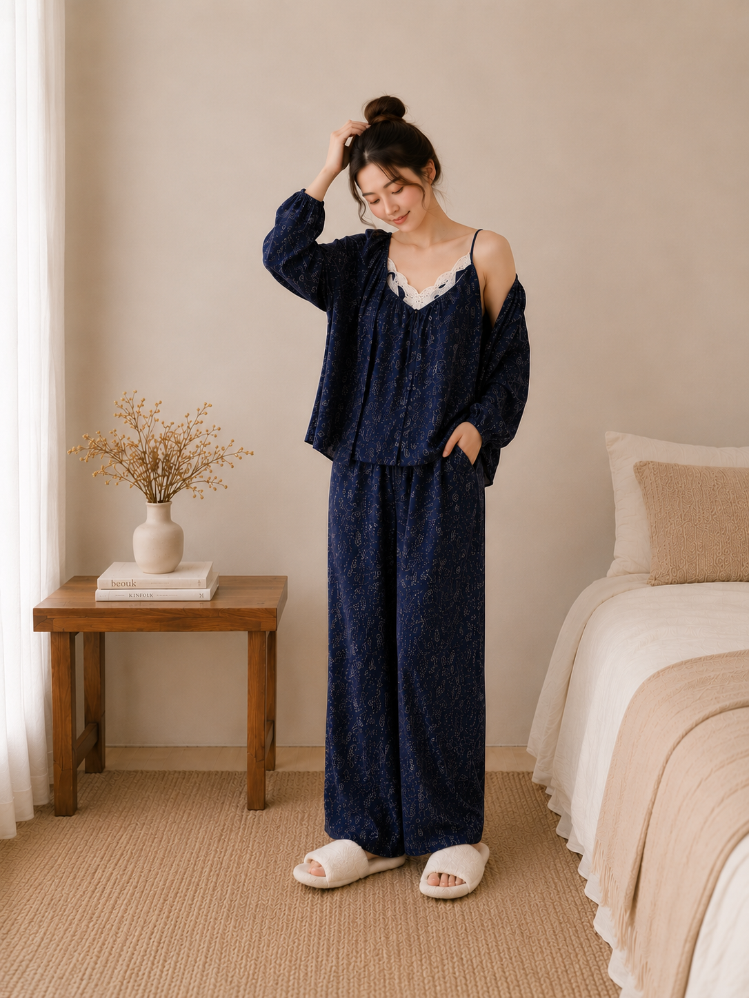 Women's Cotton Crepe Three-Piece Pajama Set