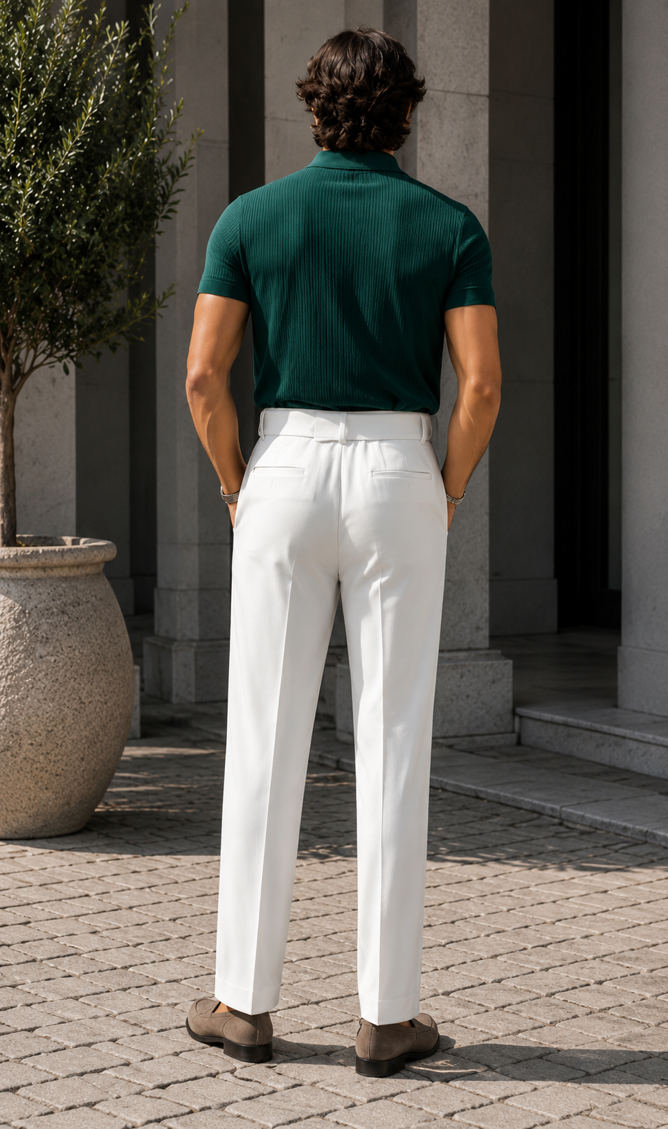 Men's White High-Waisted Pleated Trousers