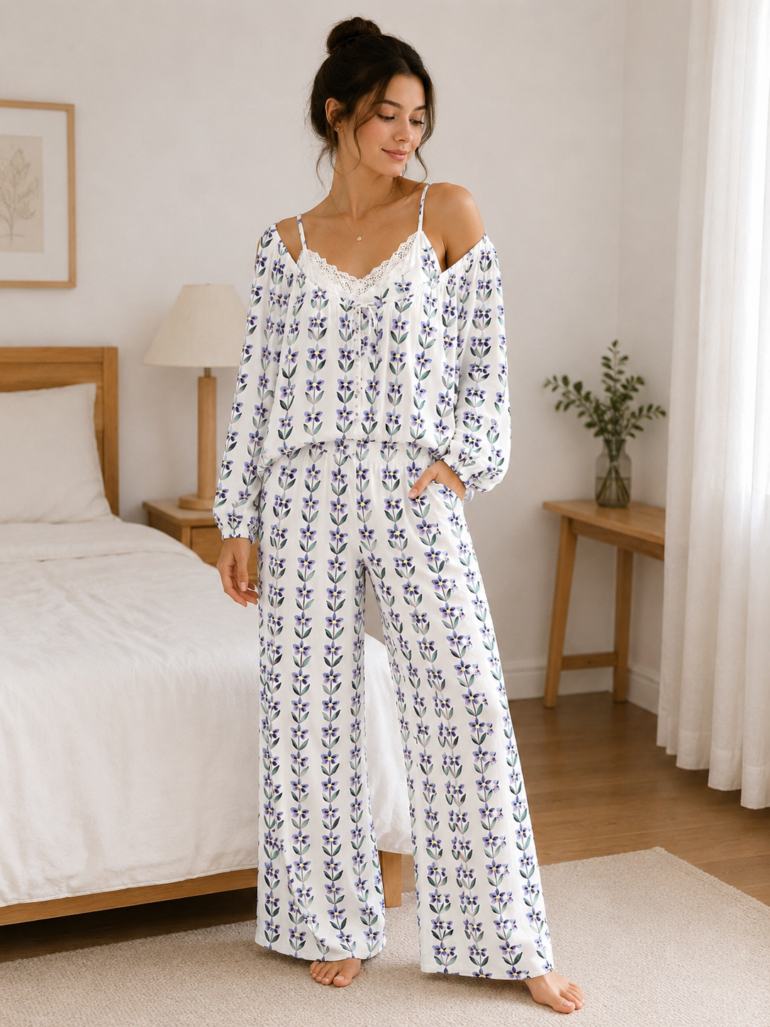 Women's Cotton Crepe Three-Piece Pajama Set