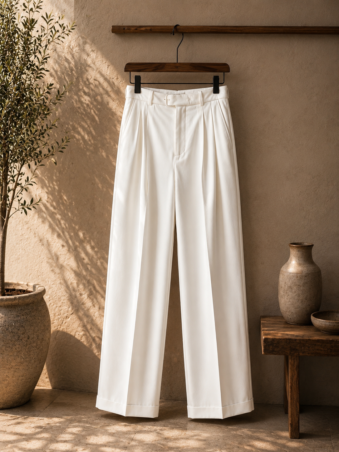 Men's White High-Waisted Pleated Trousers