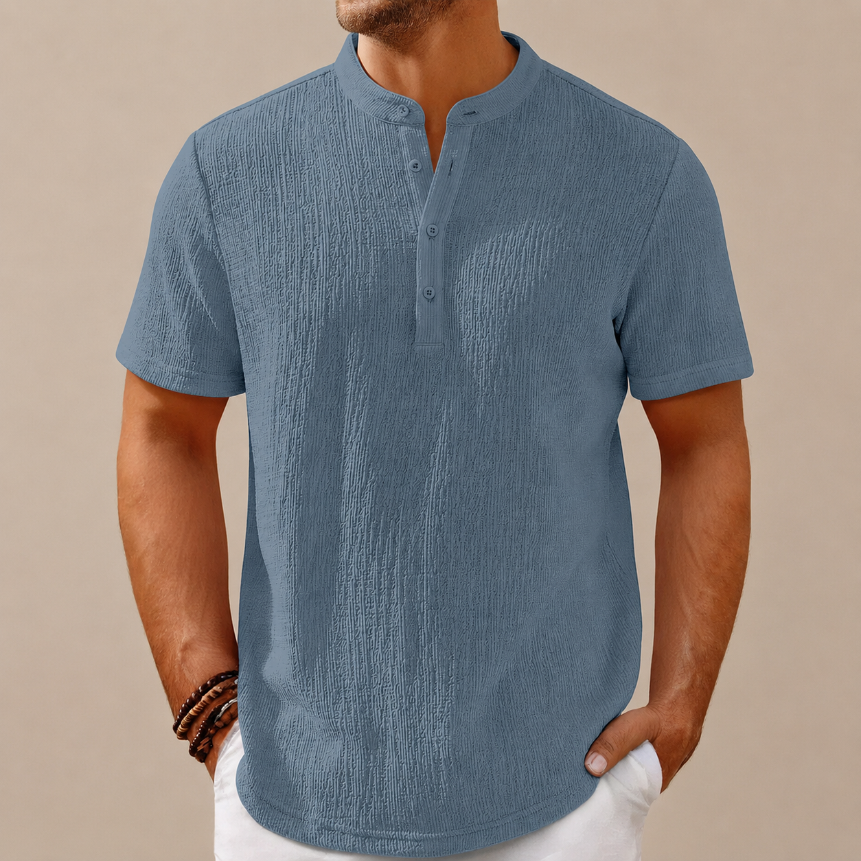 Men's Retro Cotton And Linen Stripes Henley Shirt Casual Loose Shirt