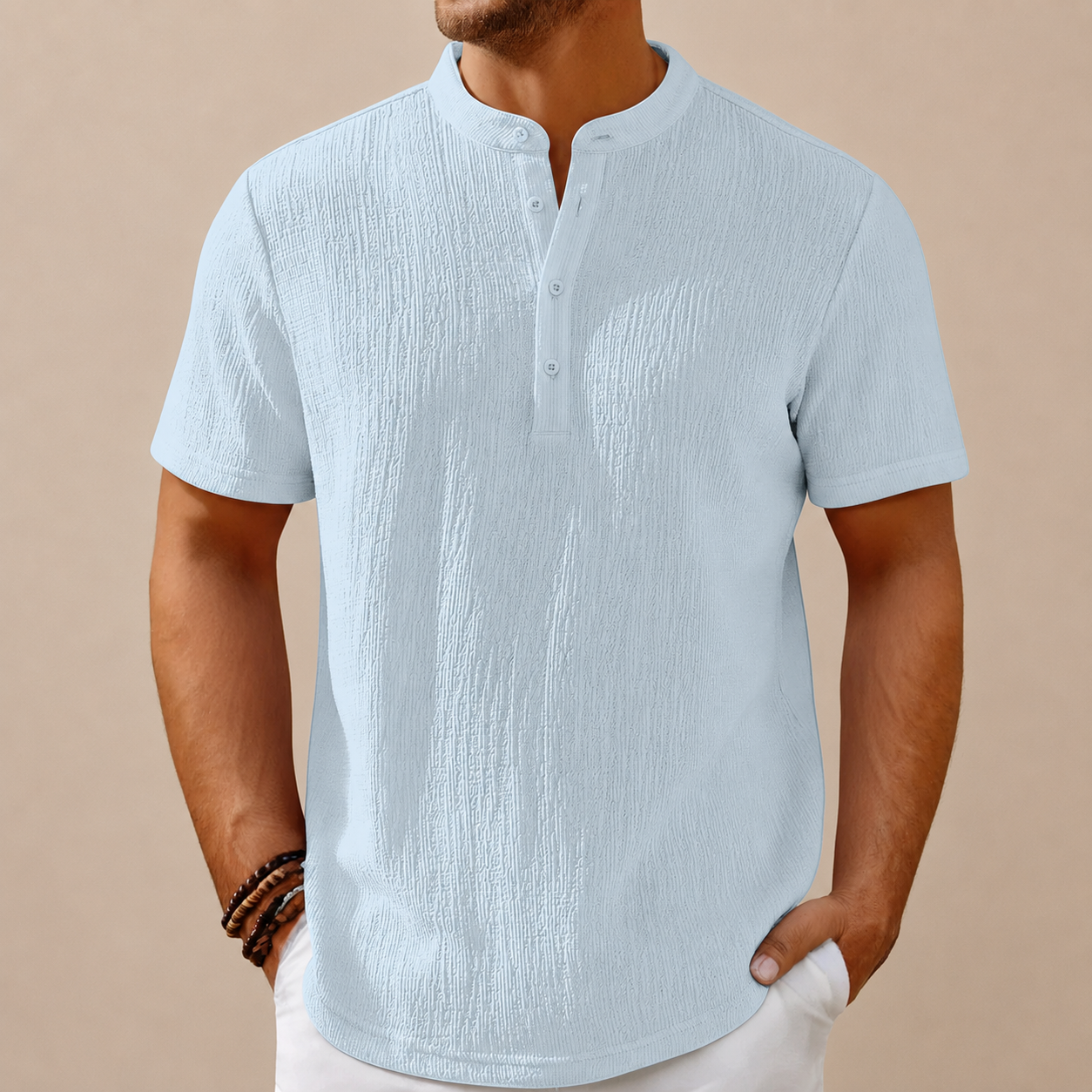 Men's Retro Cotton And Linen Stripes Henley Shirt Casual Loose Shirt