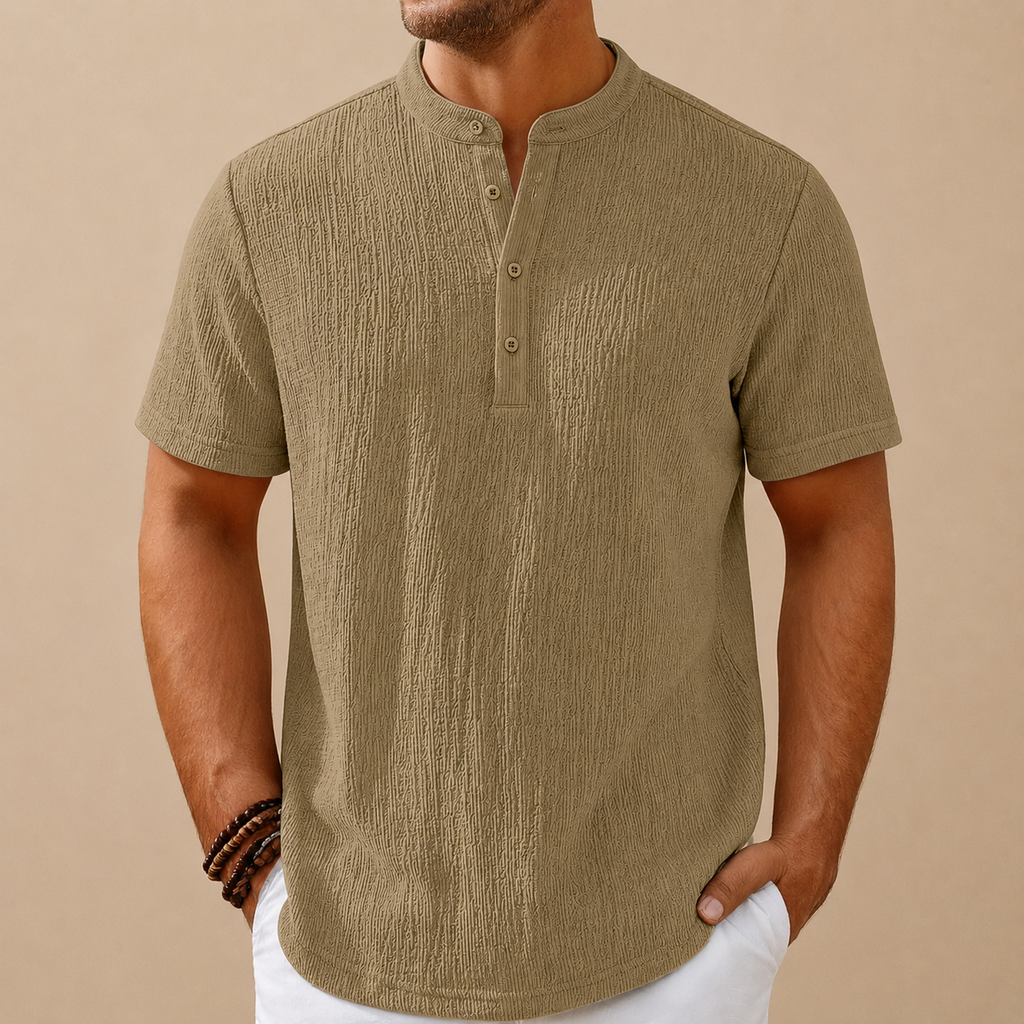Men's Retro Cotton And Linen Stripes Henley Shirt Casual Loose Shirt