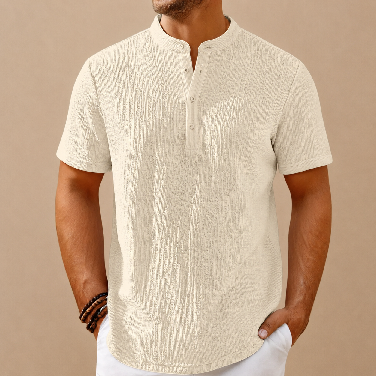 Men's Retro Cotton And Linen Stripes Henley Shirt Casual Loose Shirt